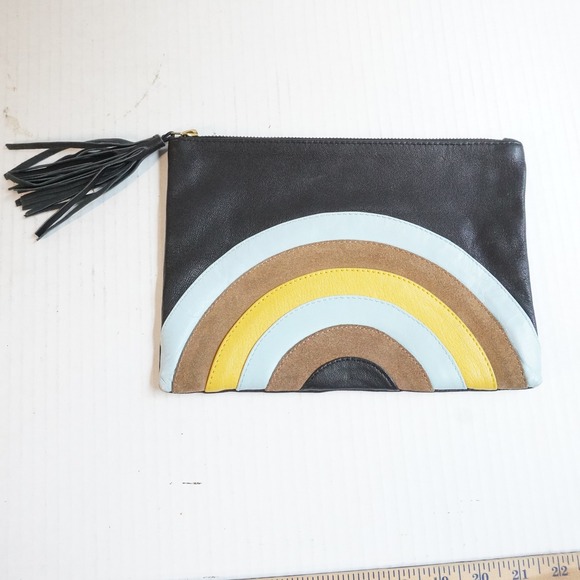 MH+P Leather Rainbow Pouch‎ Clutch Leather Tassel Zip Black Colorful Makeup Bag - Picture 1 of 8